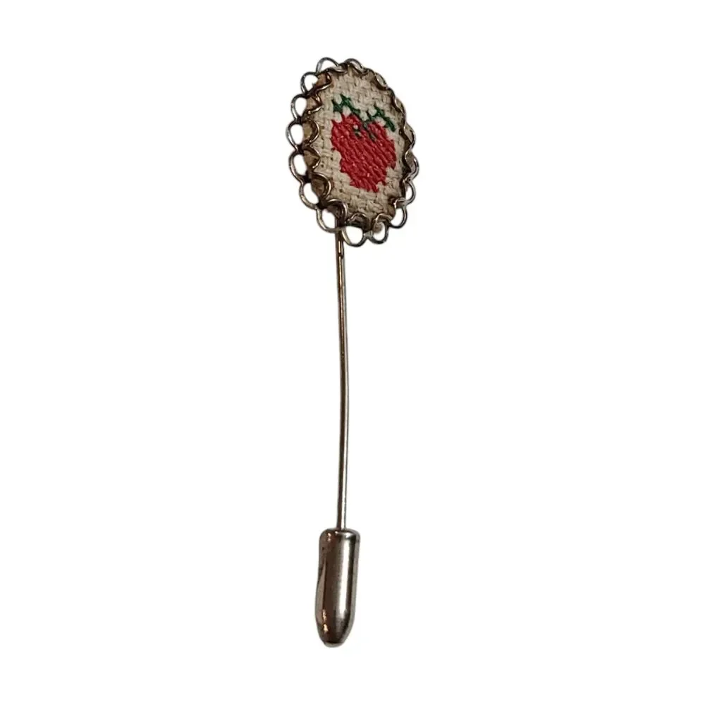 Vintage Cute Apple Silver Tone Embroidered Hat Pin